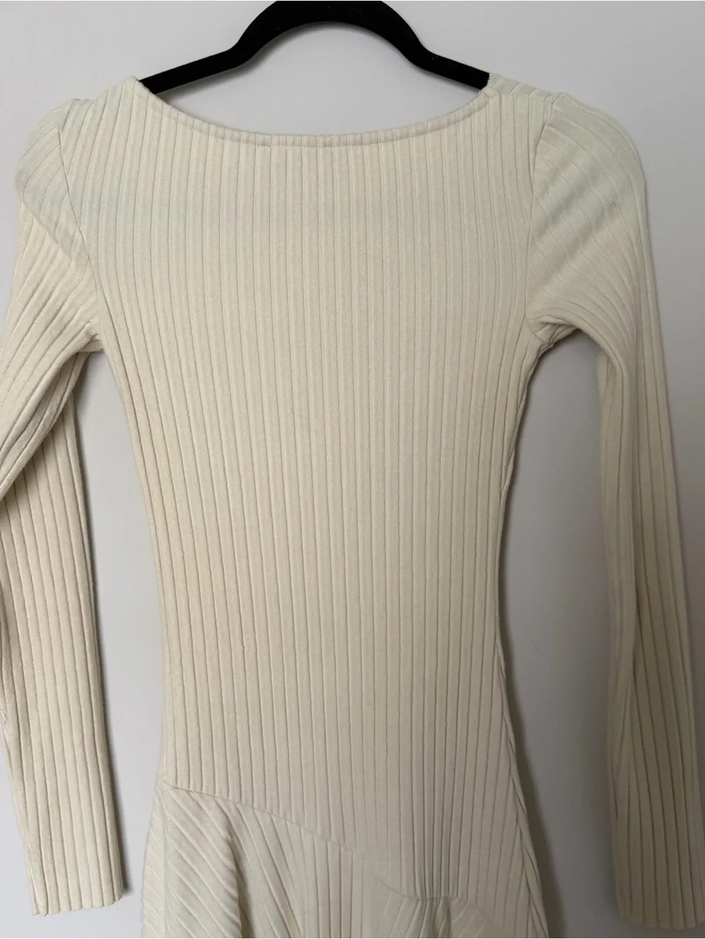 Zara Cream Ribbed Long Sleeve Midi Fit-and-Flare Dress